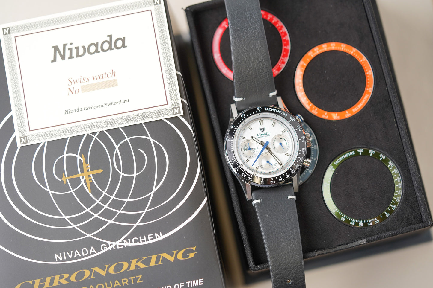 Nivada Grenchen Chronoking MecaQuartz Racing Silver INTER BEZEL 87046Q15