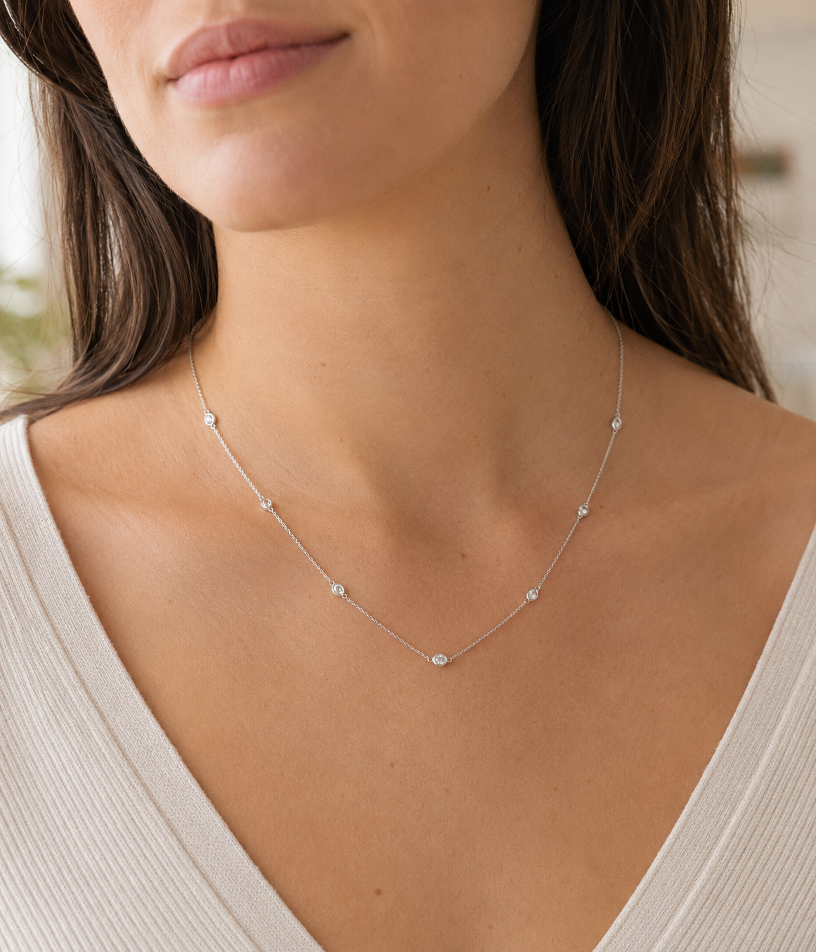 14k White Gold 1cw Lab Grown Fancy Diamond Station Necklace 18"
