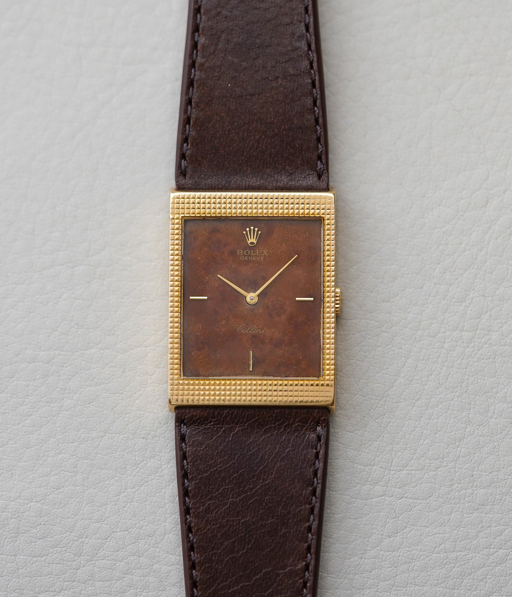 1970's Rolex Cellini 4127 18k Yellow Gold Burl Wood Dial