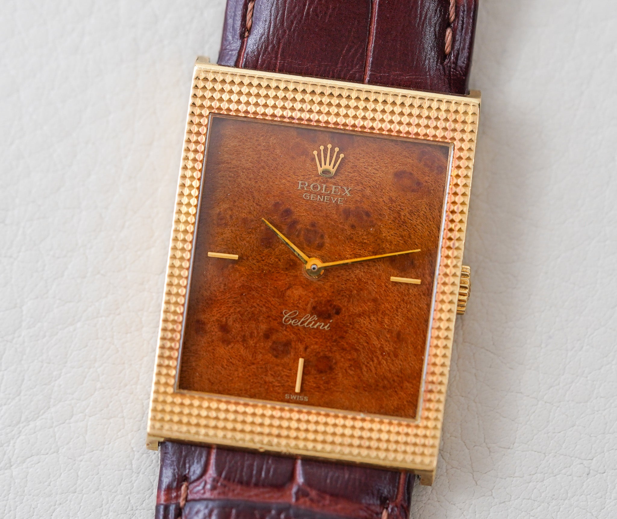 1976 Rolex Cellini 4127 18k Yellow Gold Burl Wood Dial