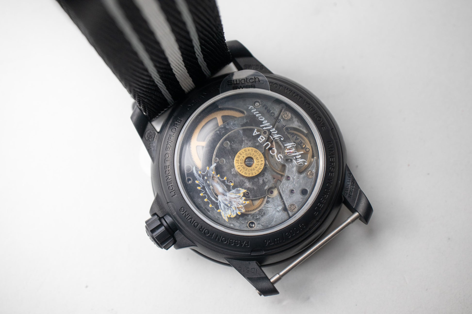 Blancpain x Swatch Ocean of Storms with see through caseback showing the automatic movement