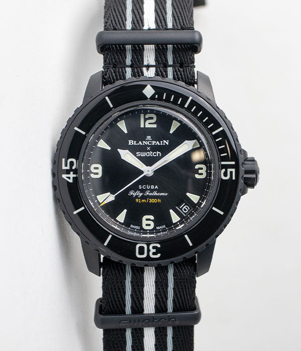 Blancpain x Swatch Ocean of Storms blac dial Men's watch front of the watch