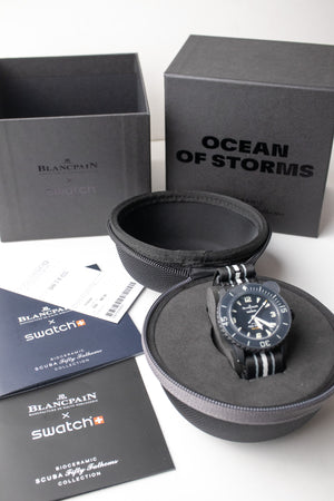 Blancpain x Swatch Ocean of Storms watch case, box and paperwork