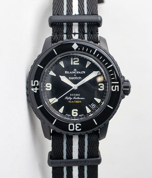 Blancpain x Swatch Ocean of Storms blac dial Men's watch front of the watch