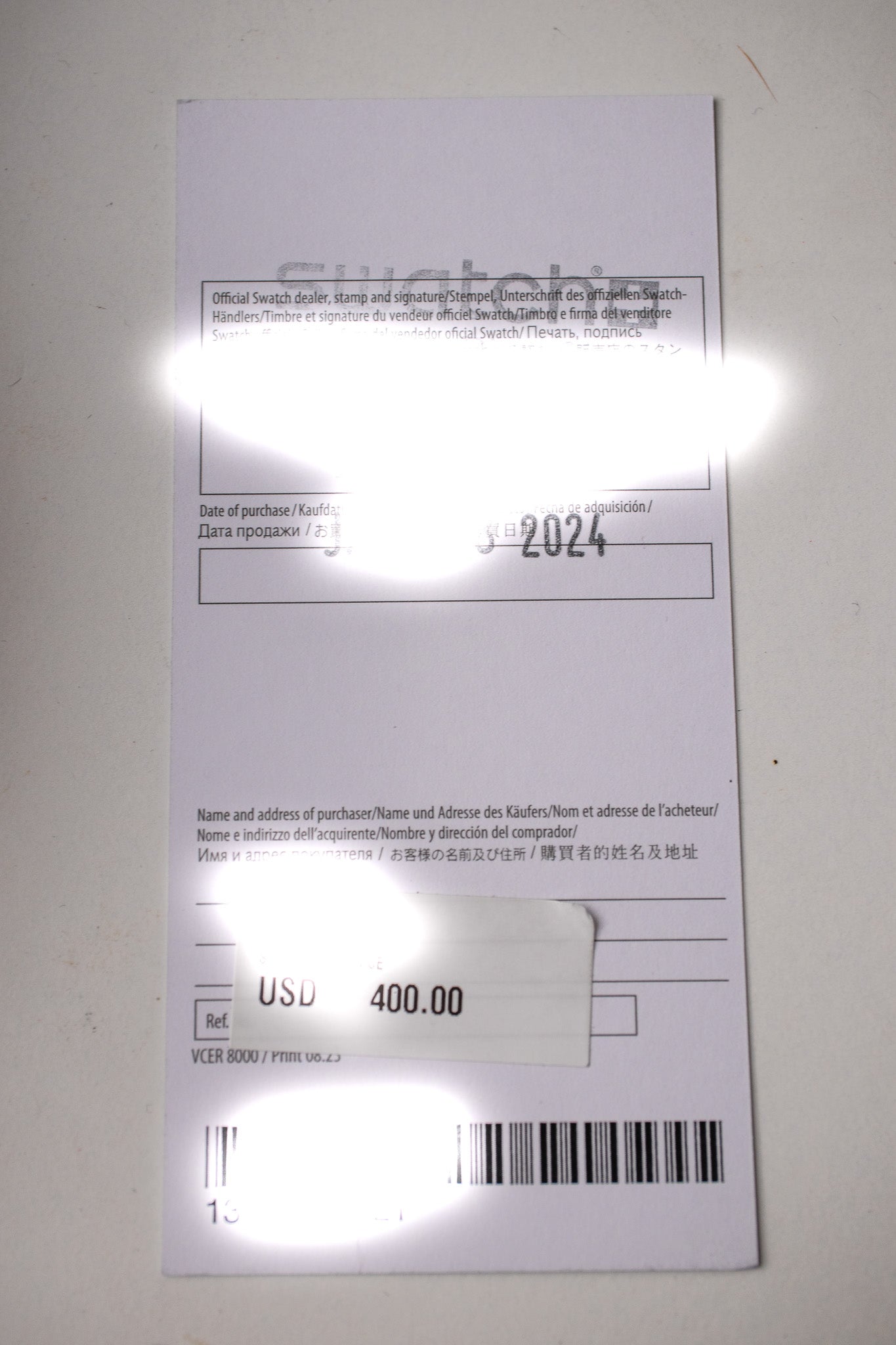 Blancpain x Swatch Ocean of Storms warranty card dated 2024