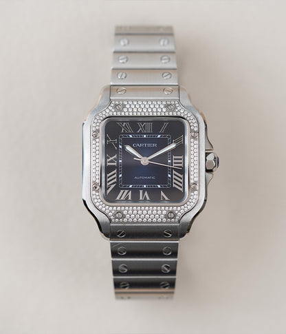 Cartier Santos Medium Blue Dial Diamond Bezel W4SA0006