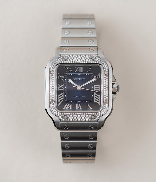 Cartier Santos Medium Blue Dial Diamond Bezel W4SA0006