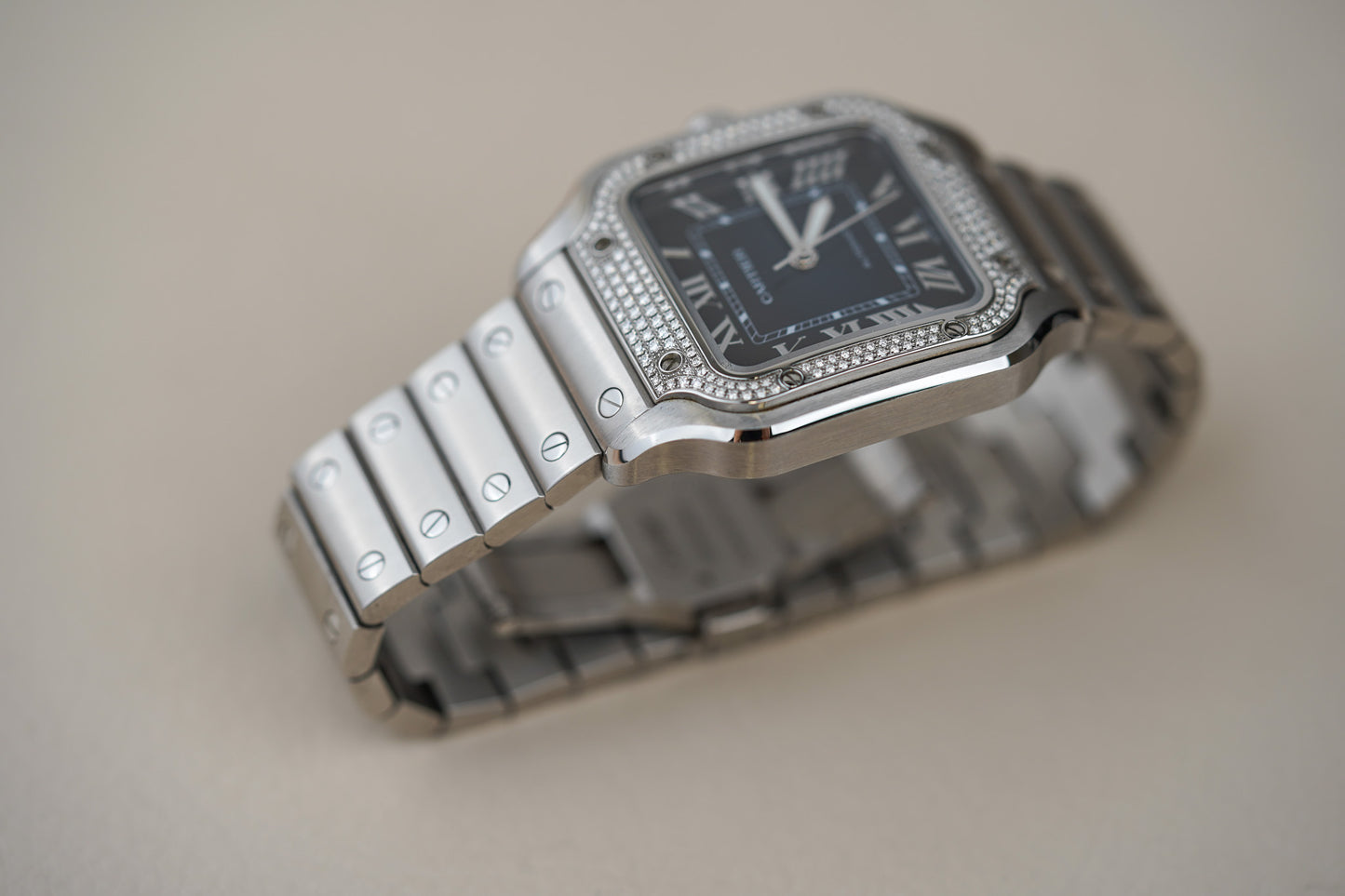 Cartier Santos Medium Blue Dial Diamond Bezel W4SA0006