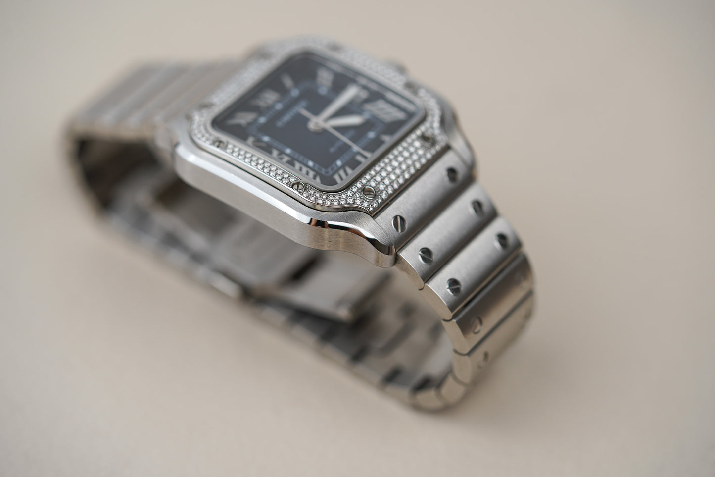 Cartier Santos Medium Blue Dial Diamond Bezel W4SA0006