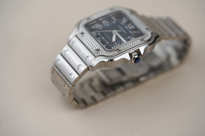 Cartier Santos Medium Blue Dial Diamond Bezel W4SA0006