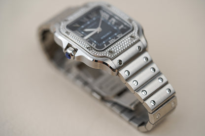Cartier Santos Medium Blue Dial Diamond Bezel W4SA0006