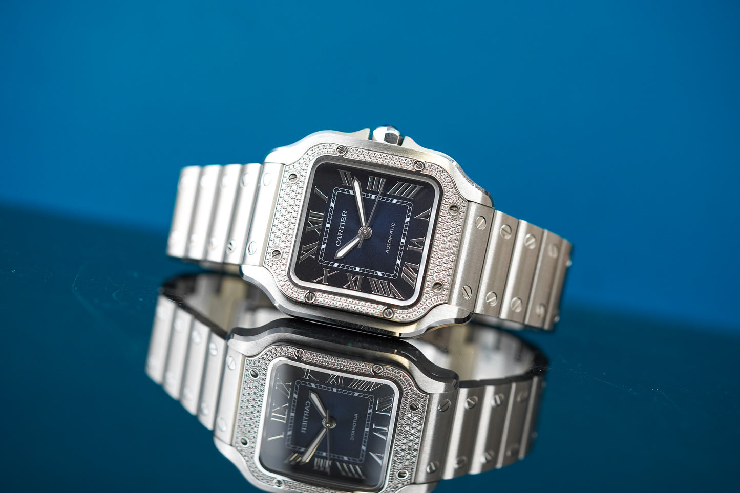Cartier Santos Medium Blue Dial Diamond Bezel W4SA0006