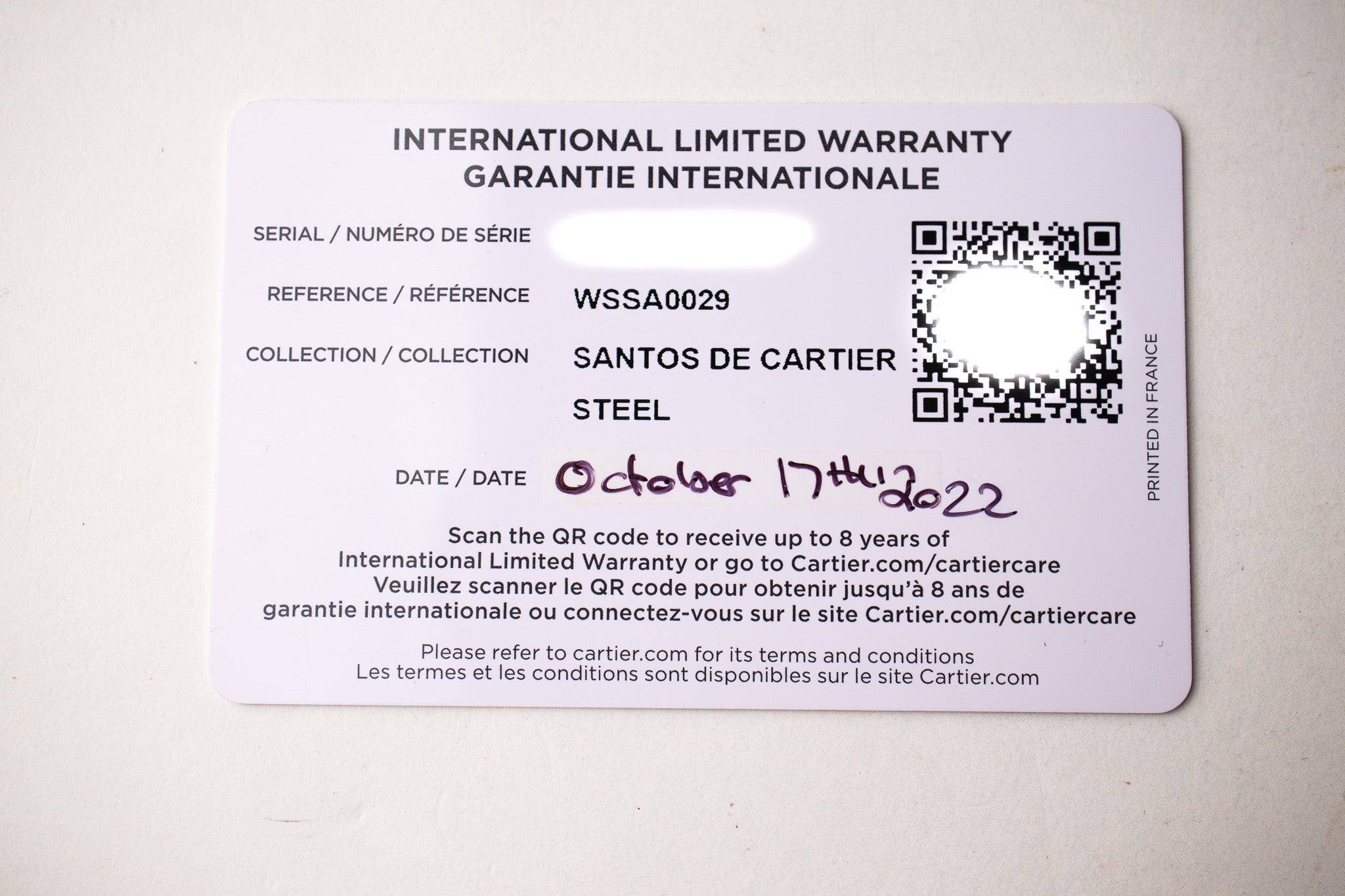 Santos Medium WSSA0029 Watch warranty card dated October 2022