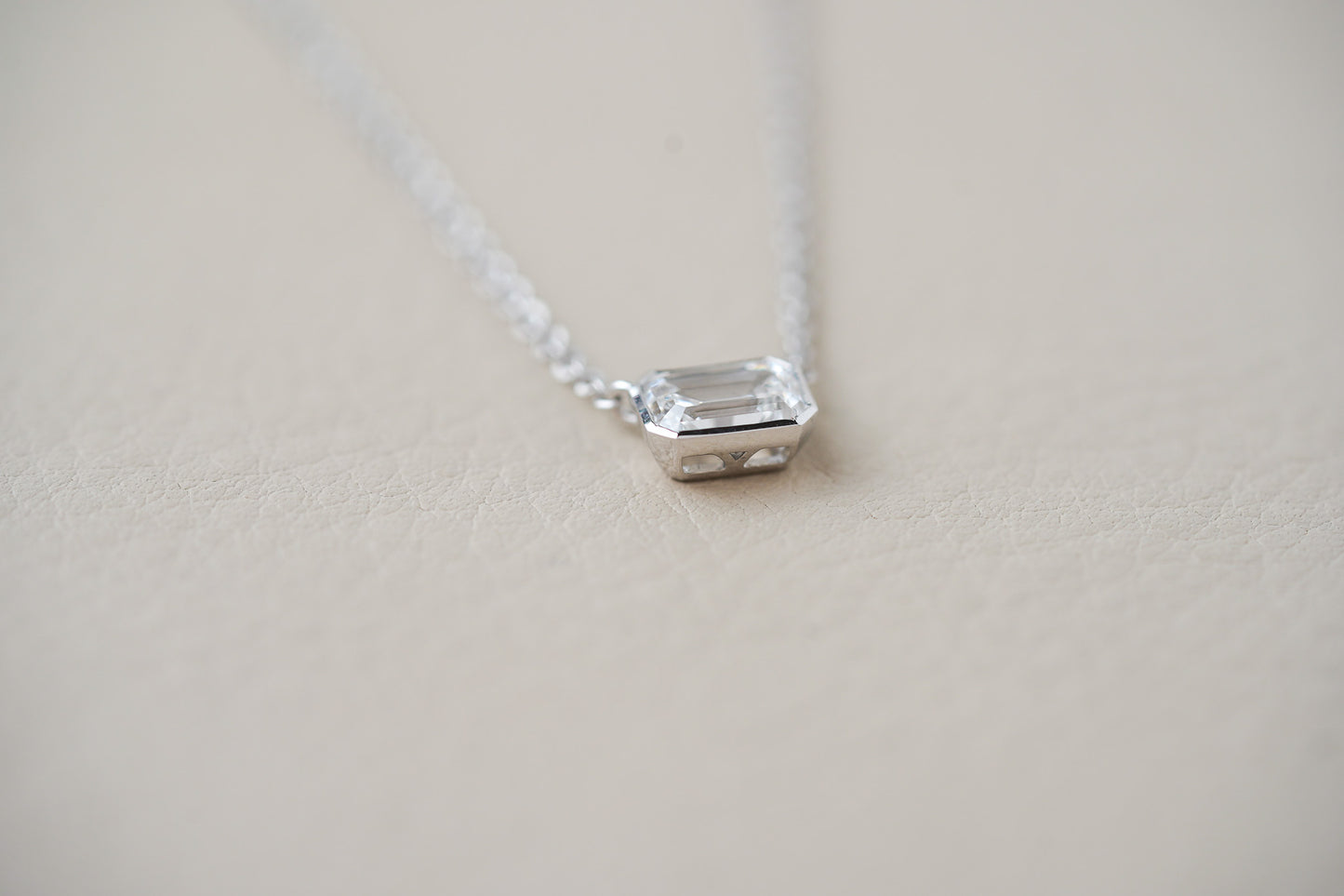 IGI Certified 1.09ct Lab Grown Emerald Cut 14k White Gold Solitaire Bezel Necklace 18"