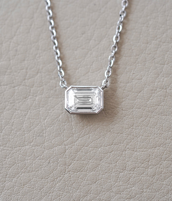 IGI Certified 1.09ct Lab Grown Emerald Cut 14k White Gold Solitaire Bezel Necklace 18"