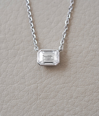 IGI Certified 1.09ct Lab Grown Emerald Cut 14k White Gold Solitaire Bezel Necklace 18"