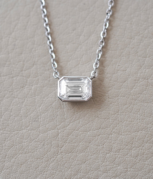 IGI Certified 1.09ct Lab Grown Emerald Cut 14k White Gold Solitaire Bezel Necklace 18"