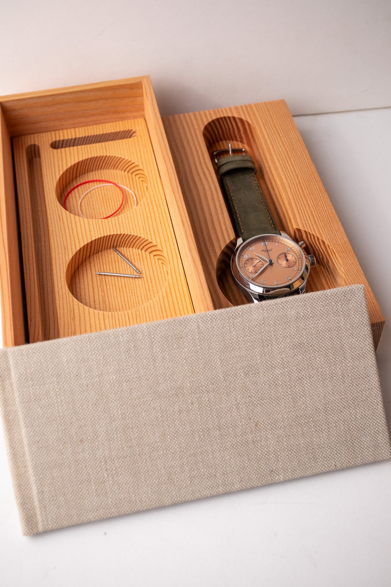 Habring Chrono-Felix stainless steel men's wooden watch box and extra parts