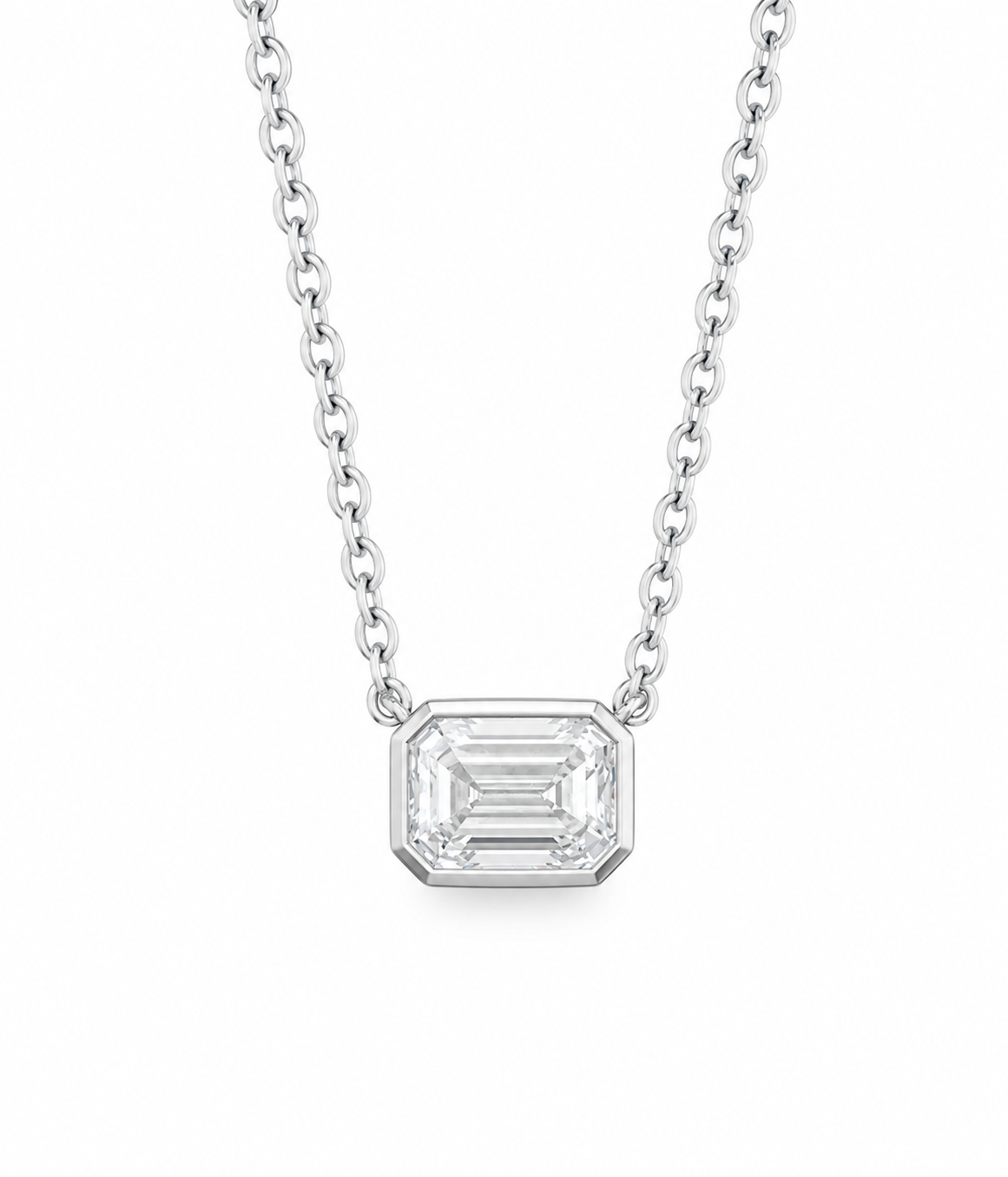IGI Certified 1.09ct Lab Grown Emerald Cut 14k White Gold Solitaire Bezel Necklace 18"