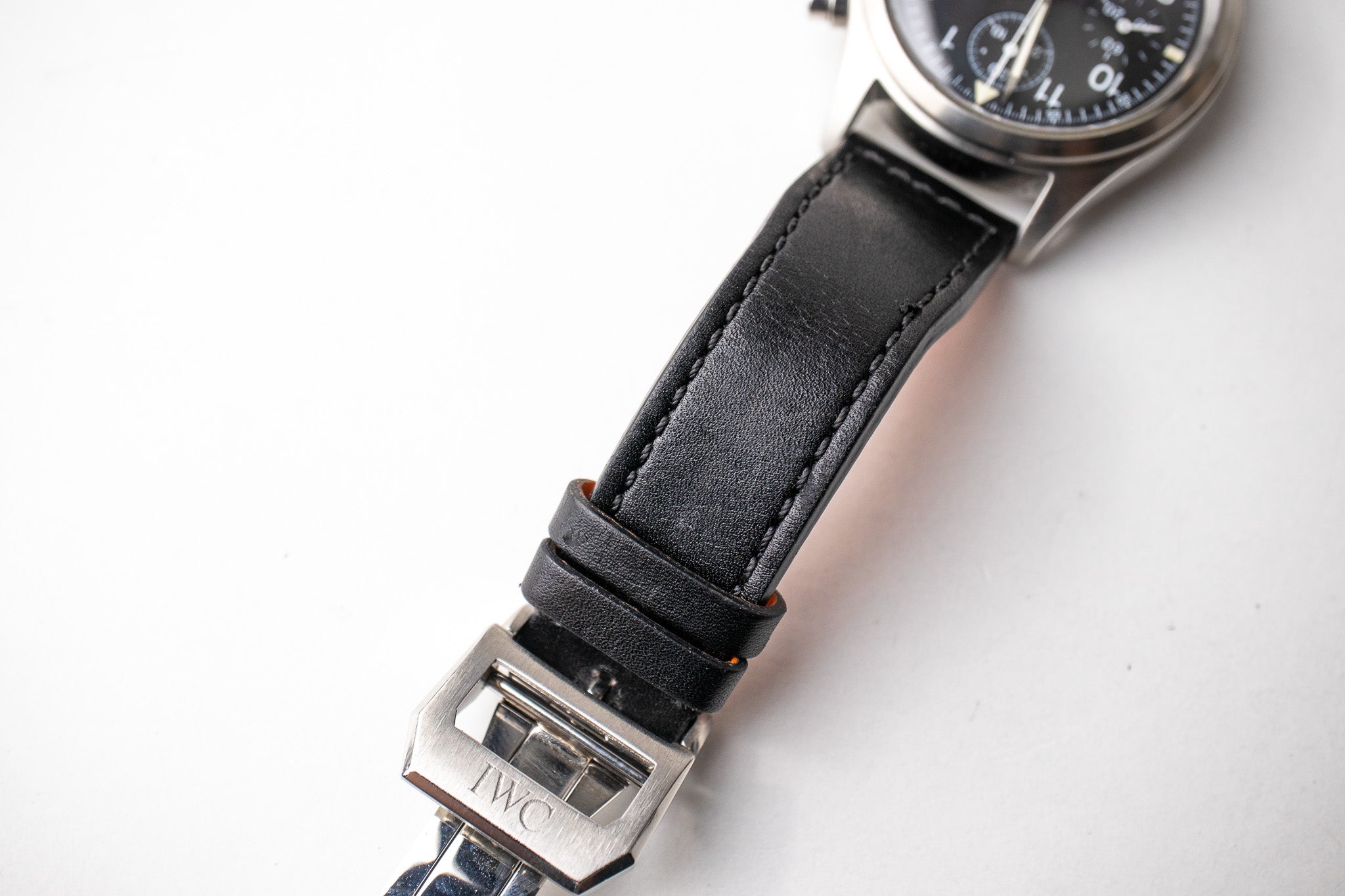 IWC Chronograph Flieger reference 3706 black leather strap with stitching and stainless steel deployant clasp
