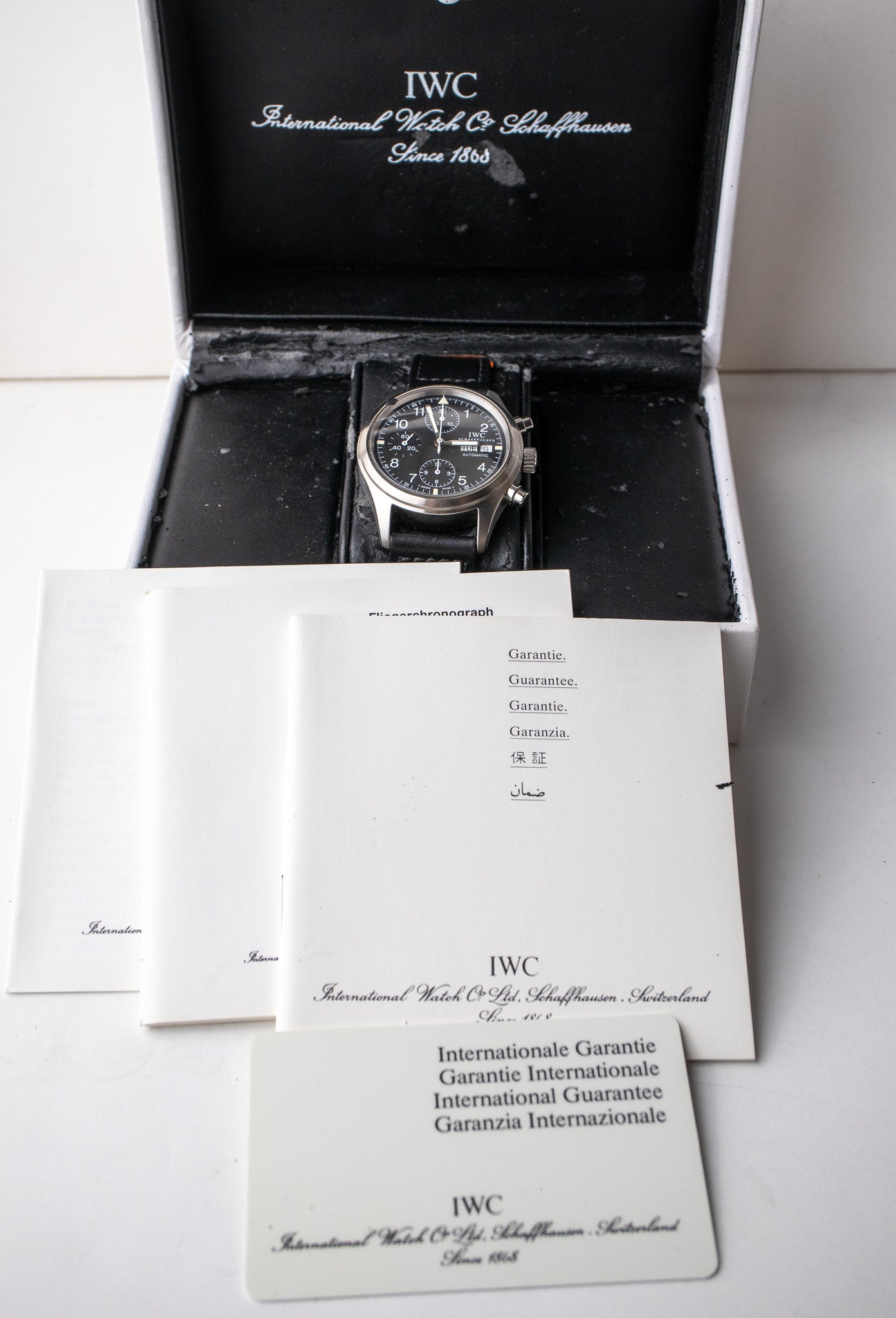 IWC Chronograph Flieger reference 3706 box, booklets, warranty card and watch