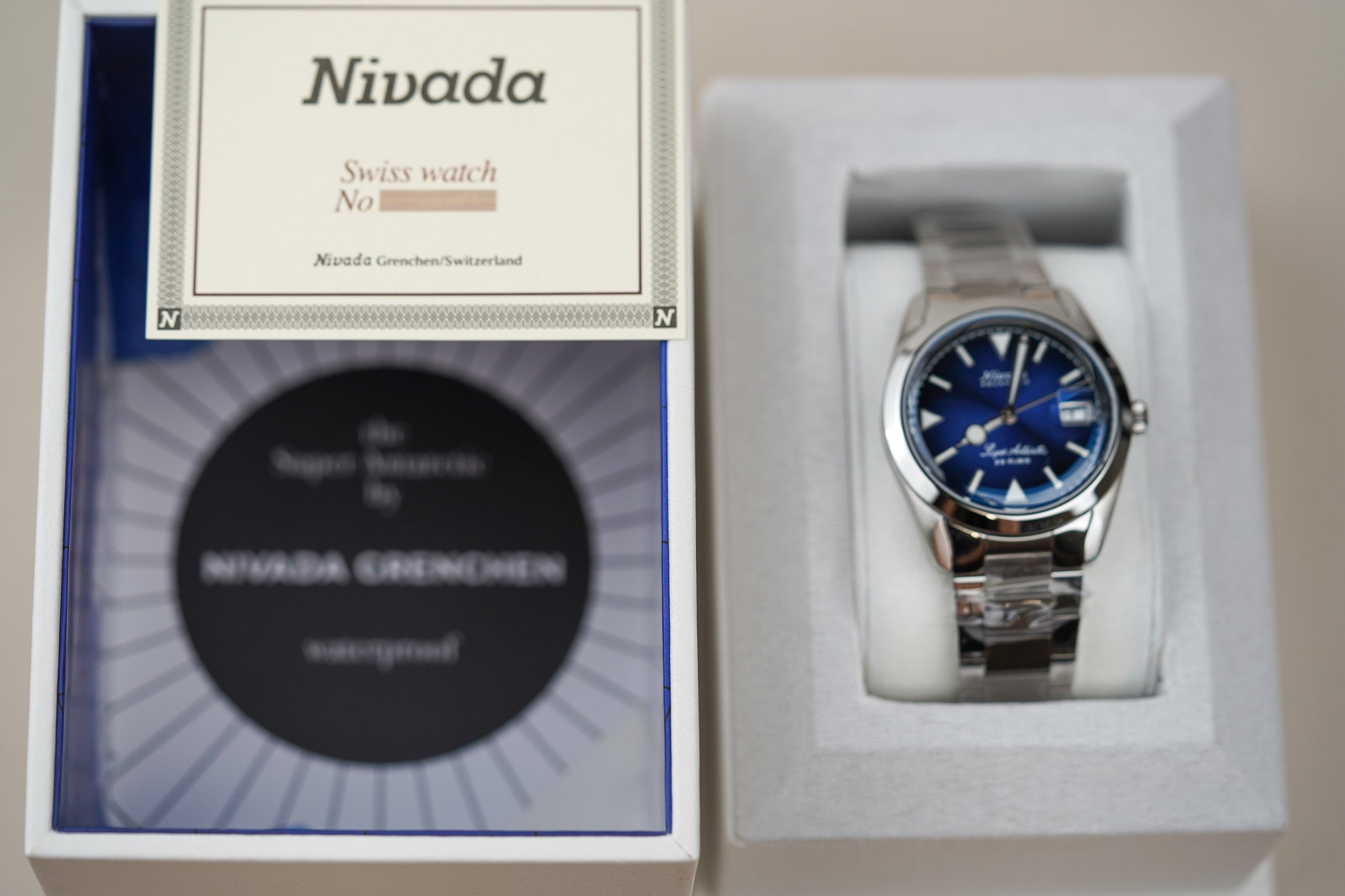 Nivada Grenchen Antarctic Blue Date 38mm 32076A20 Flat Link