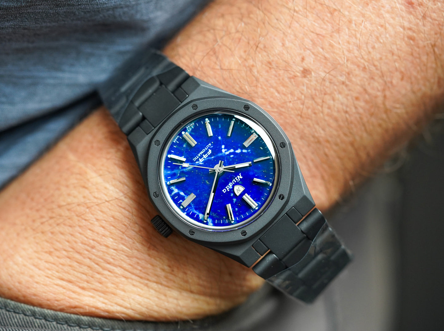 Nivada Grenchen F77 Black Ceramic Lapis Lazuli Dial 68022A77