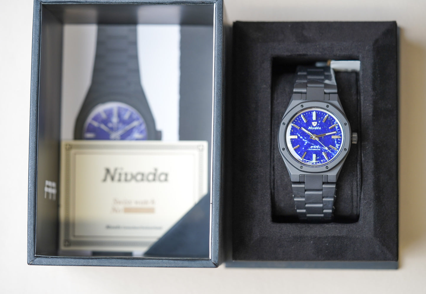 Nivada Grenchen F77 Black Ceramic Lapis Lazuli Dial 68022A77