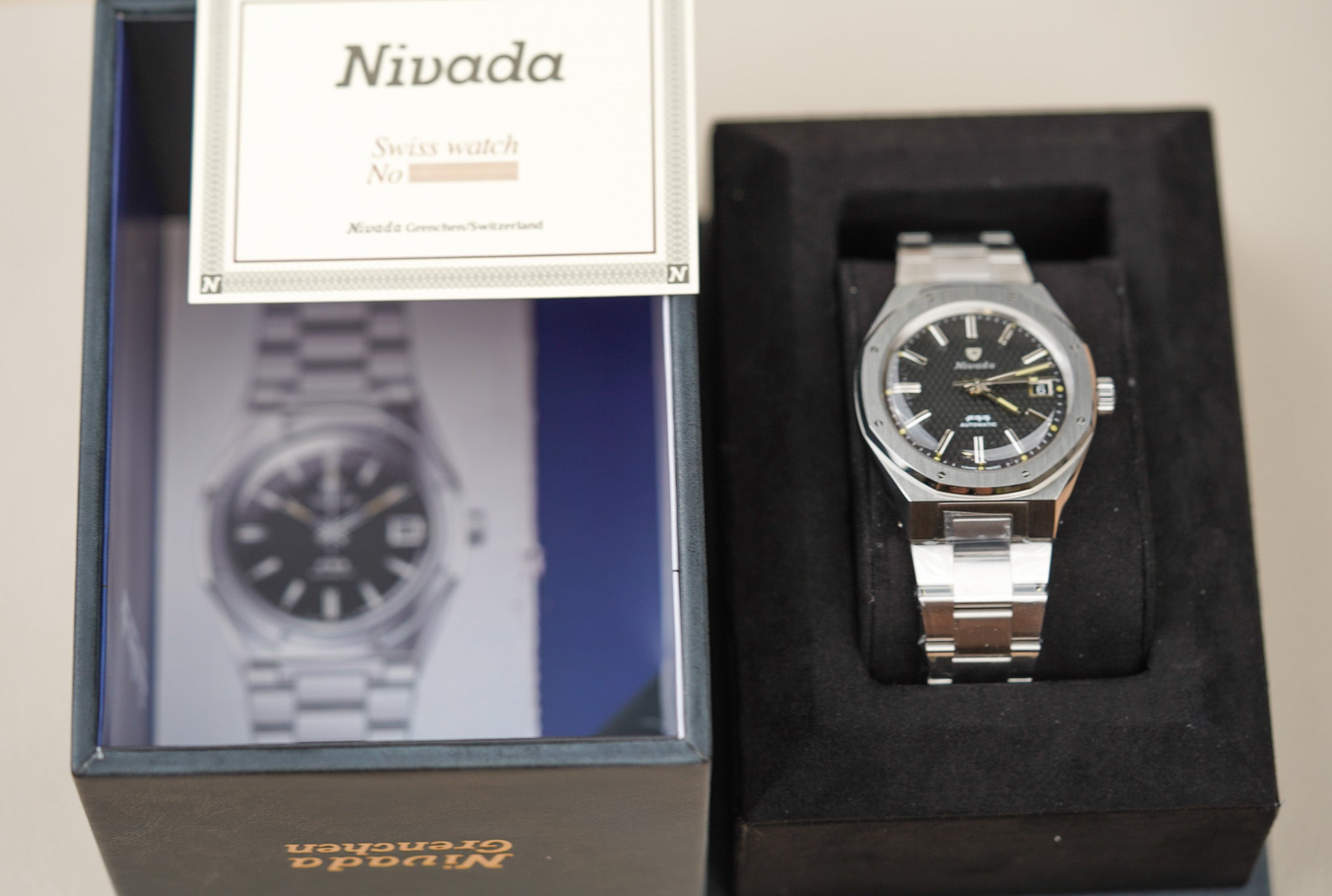 Nivada Grenchen F77 MK2 SST Beige Lume Black With Date Dial 69010A77