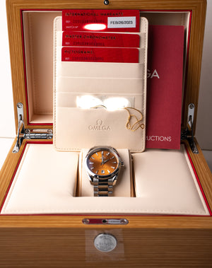 Omega Seamaster Aqua Terra Shades Reference 220.10.38.20.12.001 Saffron dial Men's Watch wooden box with watch, hang tags, warranty cards, and booklets