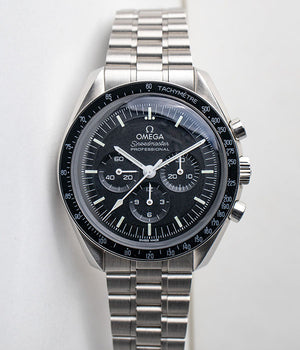 Omega Speedmaster Moonwatch referance 310.30.42.50.01.001 Hesalite crystal black dial chronograph stainless steel men's watch front of the watch for sale by Belmont Watches in San Diego