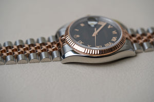 Rolex Datejust 36 Black Sunbeam Roman Dial Rose Two Tone 116231