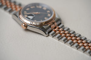 Rolex Datejust 36 Black Sunbeam Roman Dial Rose Two Tone 116231