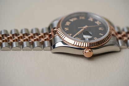 Rolex Datejust 36 Black Sunbeam Roman Dial Rose Two Tone 116231