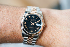 Rolex Datejust 36 Black Sunbeam Roman Dial Rose Two Tone 116231
