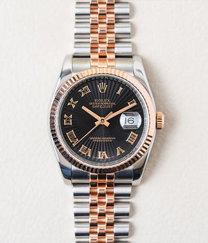 Rolex Datejust 36 Black Sunbeam Roman Dial Rose Two Tone 116231