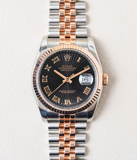 Rolex Datejust 36 Black Sunbeam Roman Dial Rose Two Tone 116231