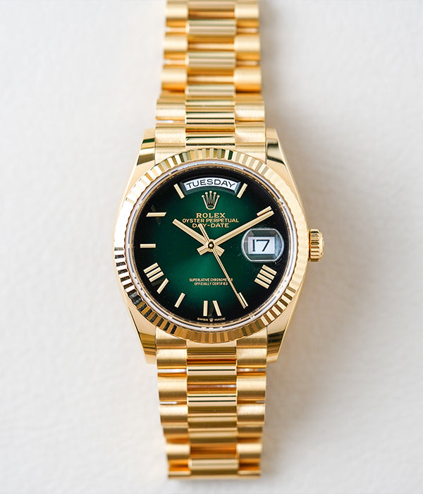 Rolex Day-Date 36mm Yellow Gold Green Ombre Roman 128238 – Belmont
