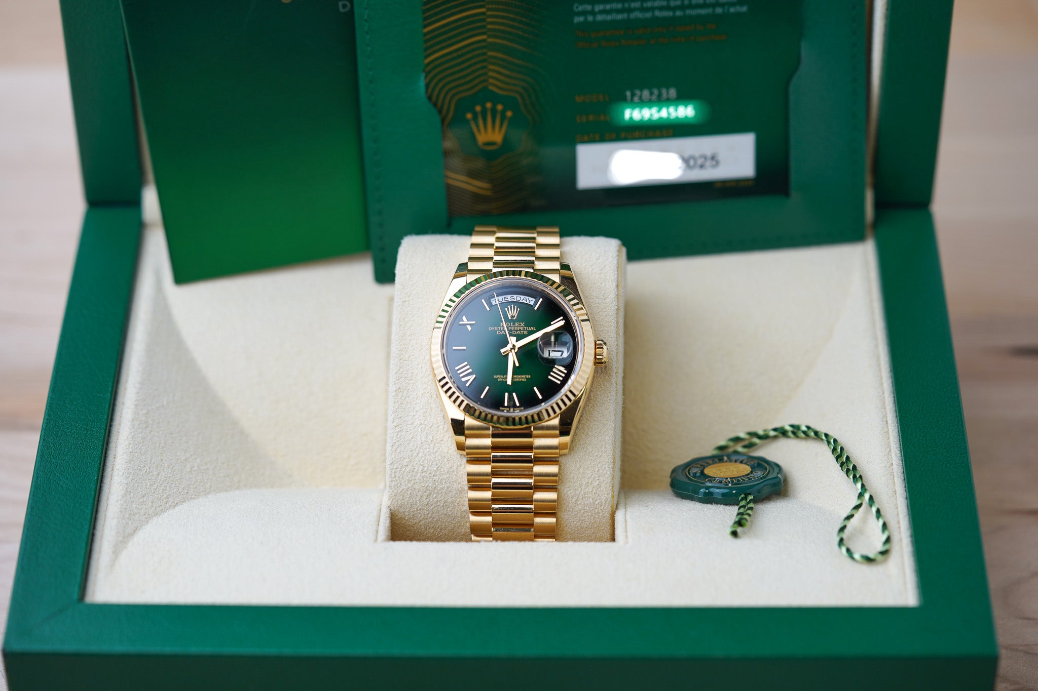 Rolex Day-Date 36mm Yellow Gold Green Ombre Roman 128238 – Belmont