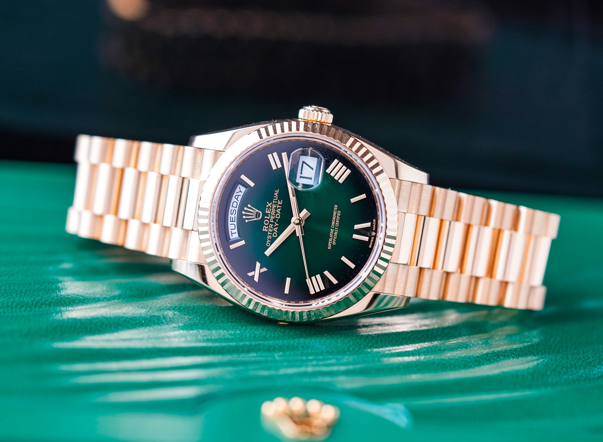 Rolex Day-Date 36mm Yellow Gold Green Ombre Roman 128238 – Belmont