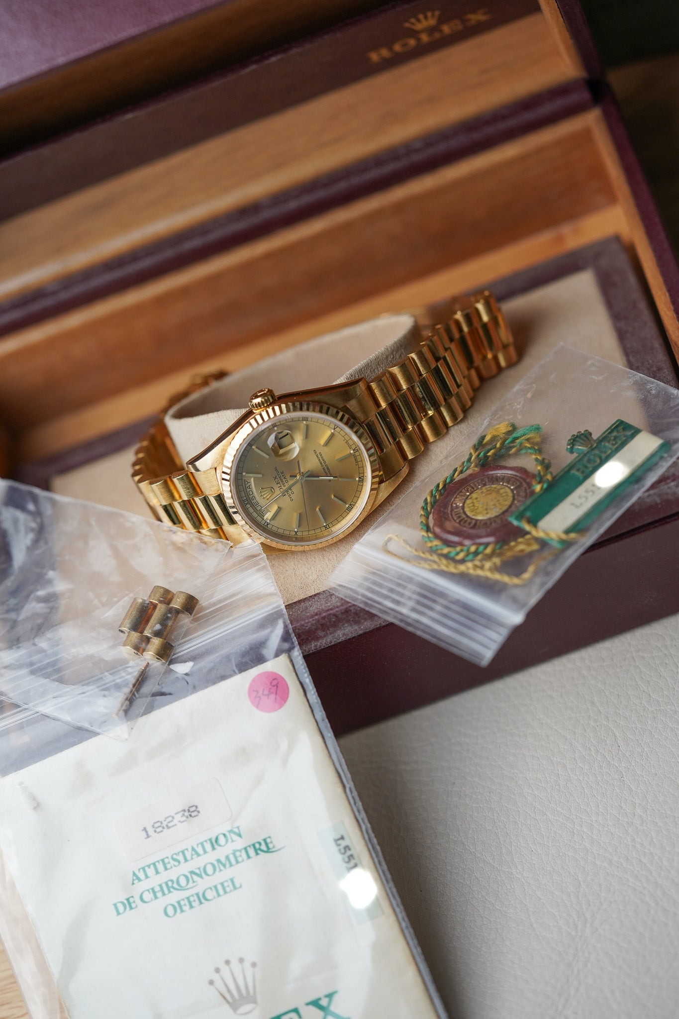 1989 Rolex Day-Date 18238 Champagne Stick Dial – Belmont Watches