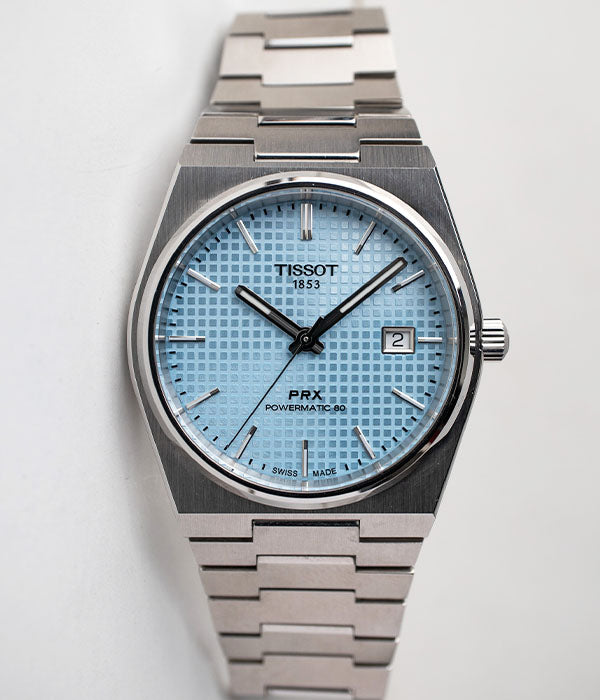 Tissot PRX Powermatic 80 Ice Blue dial reference T137.407.11.351.00 stainless steel 40mm men's or women's watch front of watch for sale by Belmont Watches in San Diego