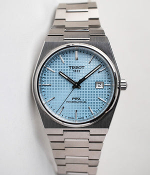 Tissot PRX Powermatic 80 Ice Blue dial reference T137.407.11.351.00 stainless steel 40mm men's or women's watch front of watch for sale by Belmont Watches in San Diego