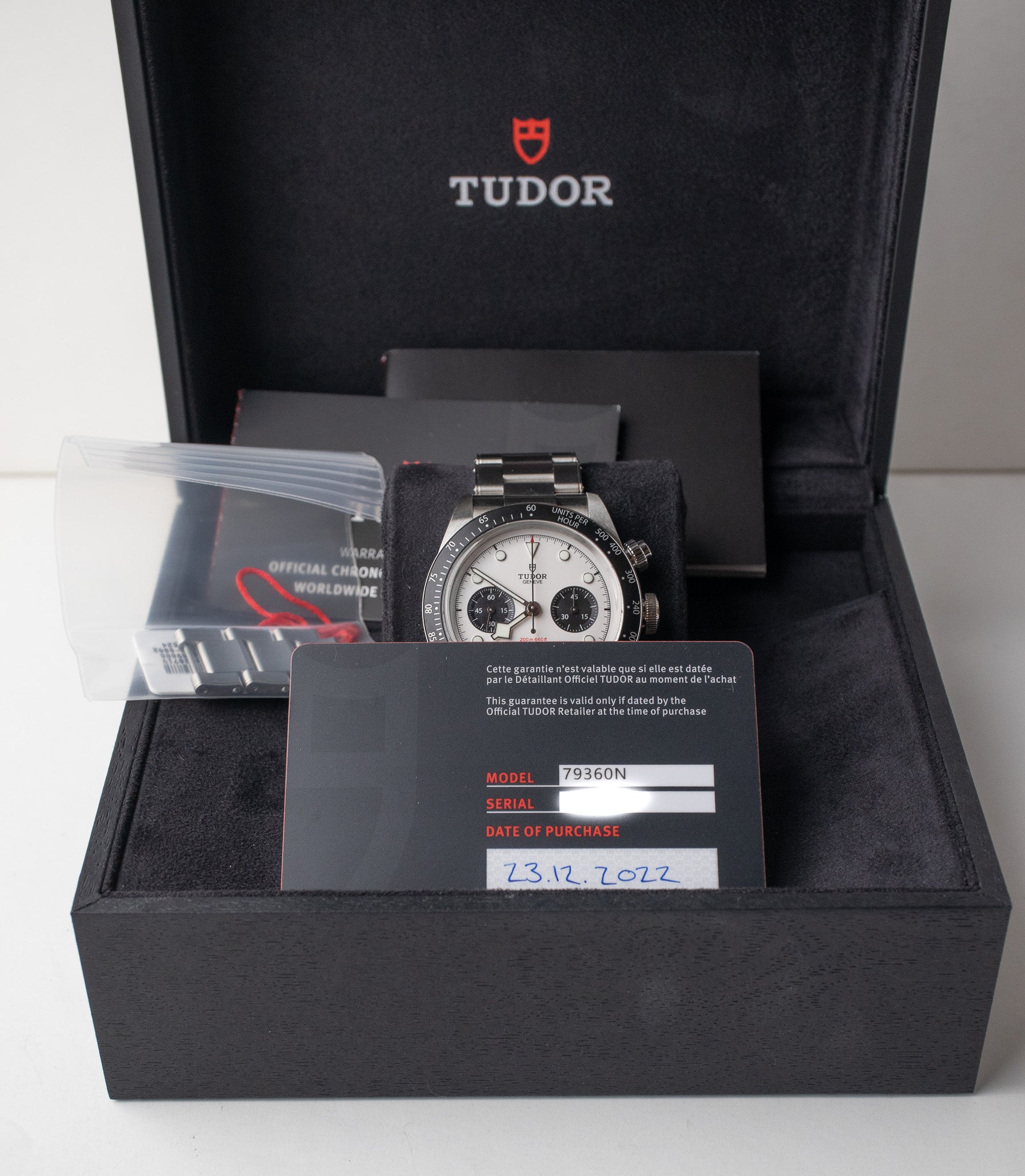 Tudor Black Bay Chrono reference 79360N watch box, booklets, hang tag, extra links, and warranty card dated 2022