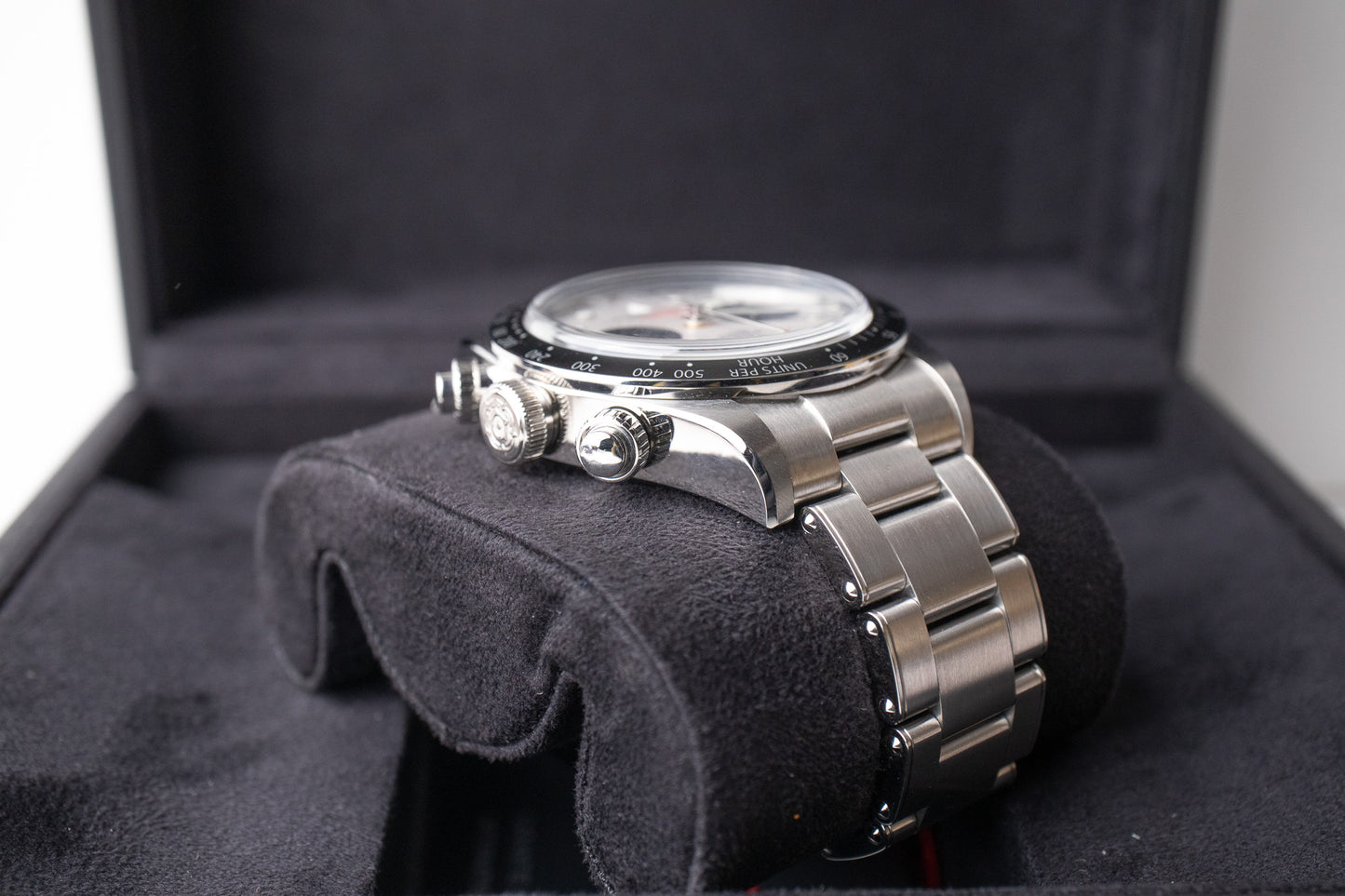 Tudor Black Bay Chrono reference 79360N top right side of case and lug with pushers and crown