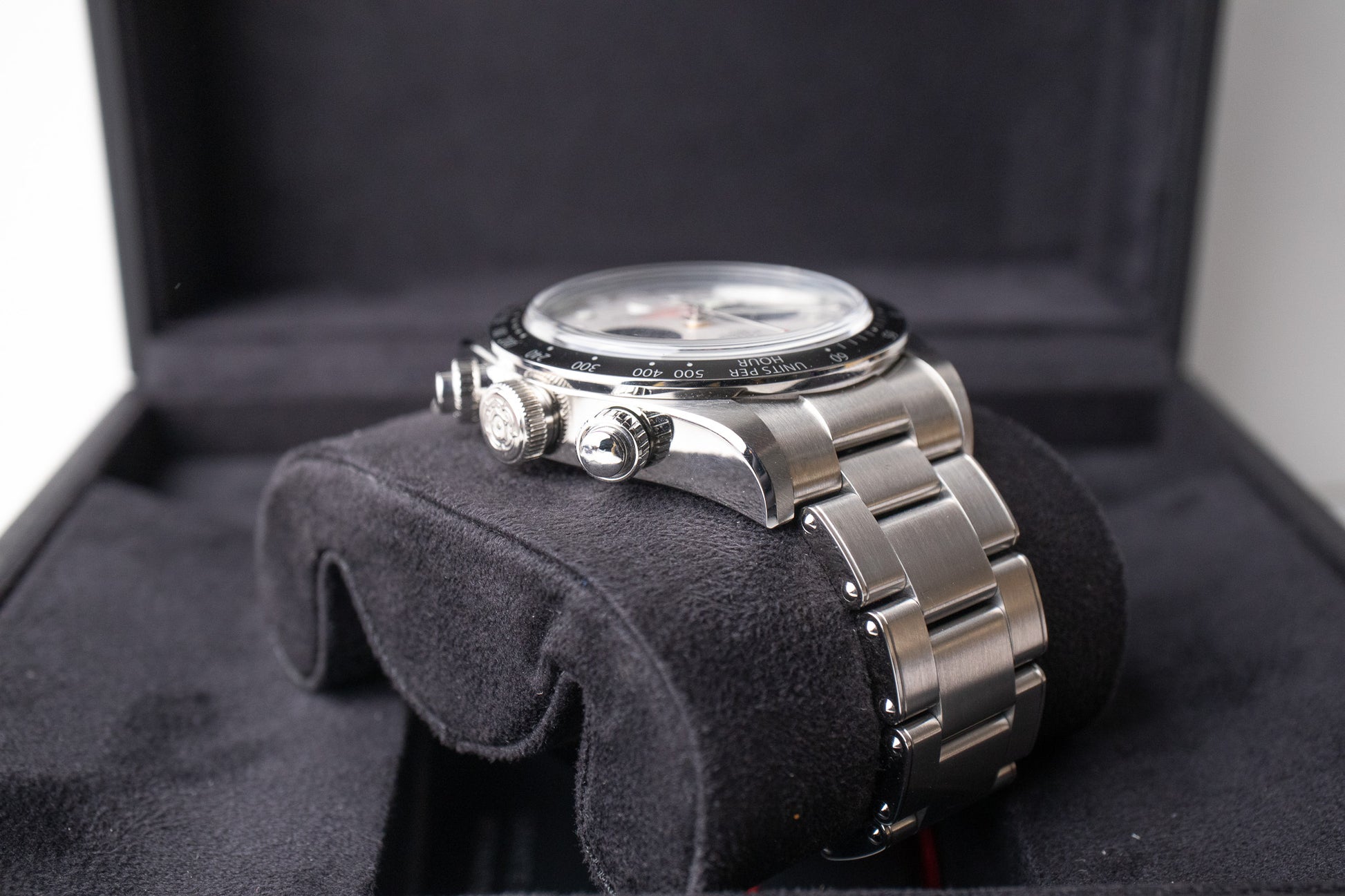 Tudor Black Bay Chrono reference 79360N top right side of case and lug with pushers and crown