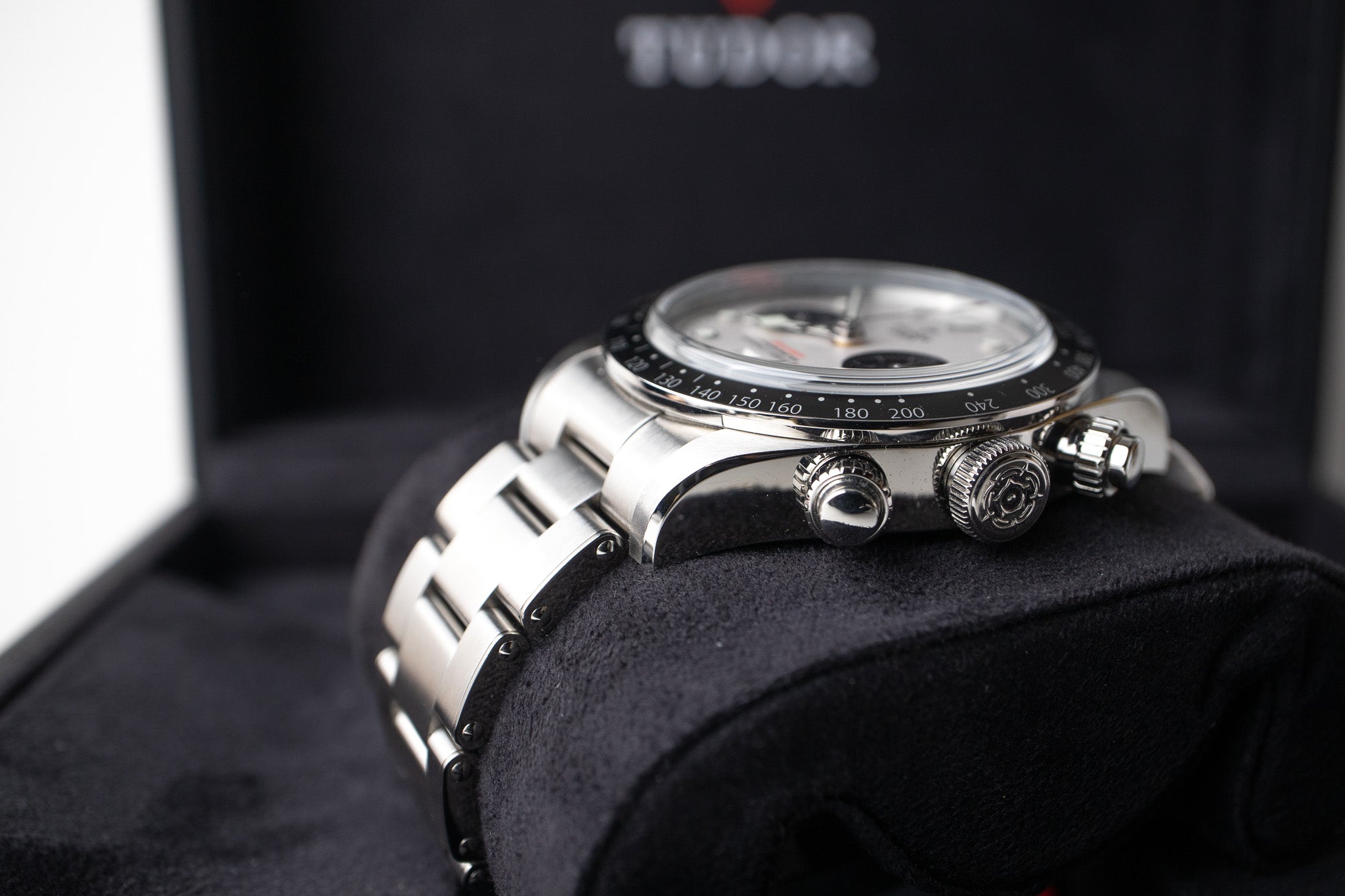 Tudor Black Bay Chrono reference 79360N bottom right side of case and lug with pushers and crown