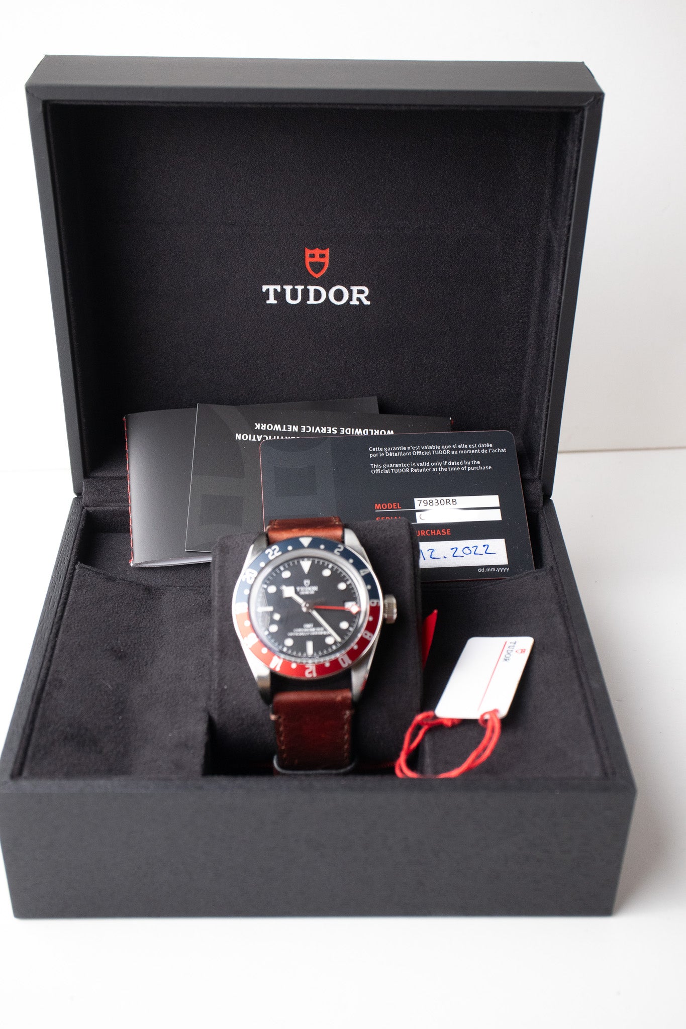 Tudor Black Bay GMT Pepsi reference 79830RB watch box, hang tag, booklets, warranty card and watch