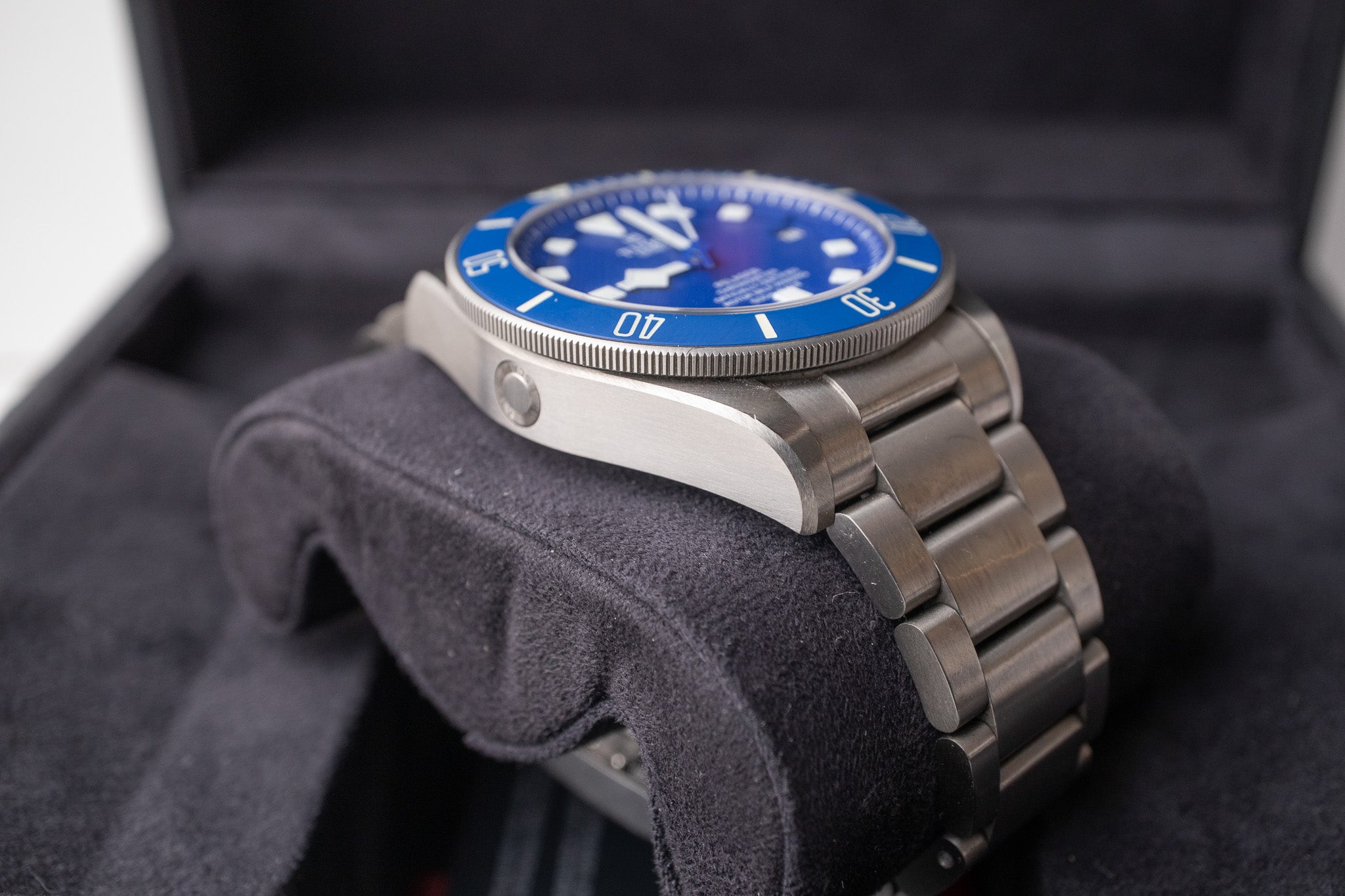 Tudor Pelagos Blue reference 25600TB bottom left side of the case and lug